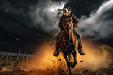 Riding Through the Storm, Cowboy Galloping on horse Under Rain Clouds