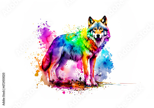 Wolf in regenbogen bunten Wasserfarben mit Spritzern und Kleksen vor einem weißen Hintergrund als Vorlage für Design wildlebender Tiere, Tierpark, Zoo, Jagd, Wald, Wild, Jäger, Amerika, Europa
