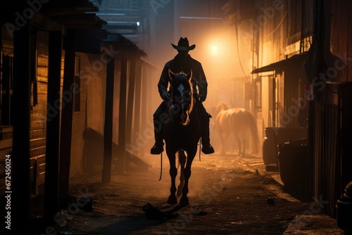 Nocturnal Journey, Lone Cowboy’s Night Ride in Western Town