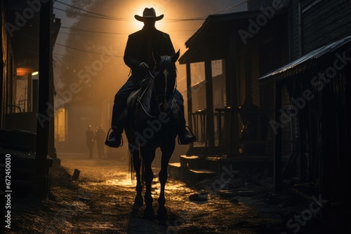 Nocturnal Journey, Lone Cowboy’s Night Ride in Western Town