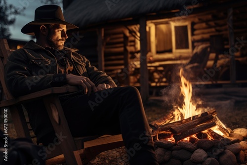 Peaceful Cowboy sitting on chair by the Campfire in evening with wooden house on the background
