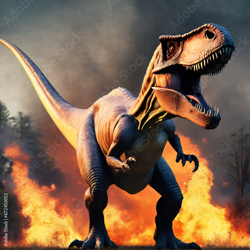 tyrannosaurus rex dinosaur in fire photo