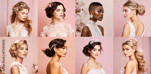 Collage with bridal hairstyles and makeup collection. Romantic and trendy look for wedding celebration photo