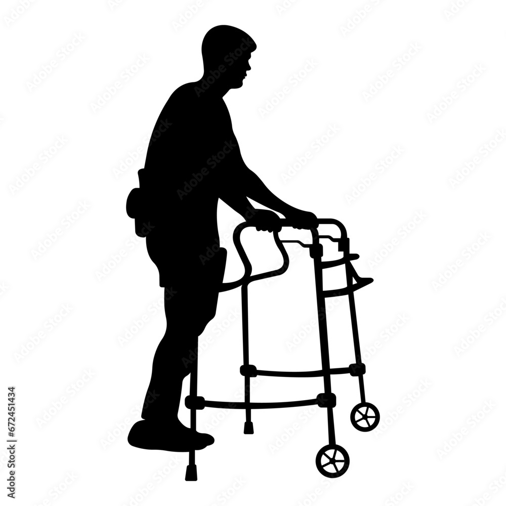 Silhouette of man with disability on rollators.Vector illustration,isolated on white background. Silhouette of man with disability on rollators.Vector illustration,isolated on white background.
