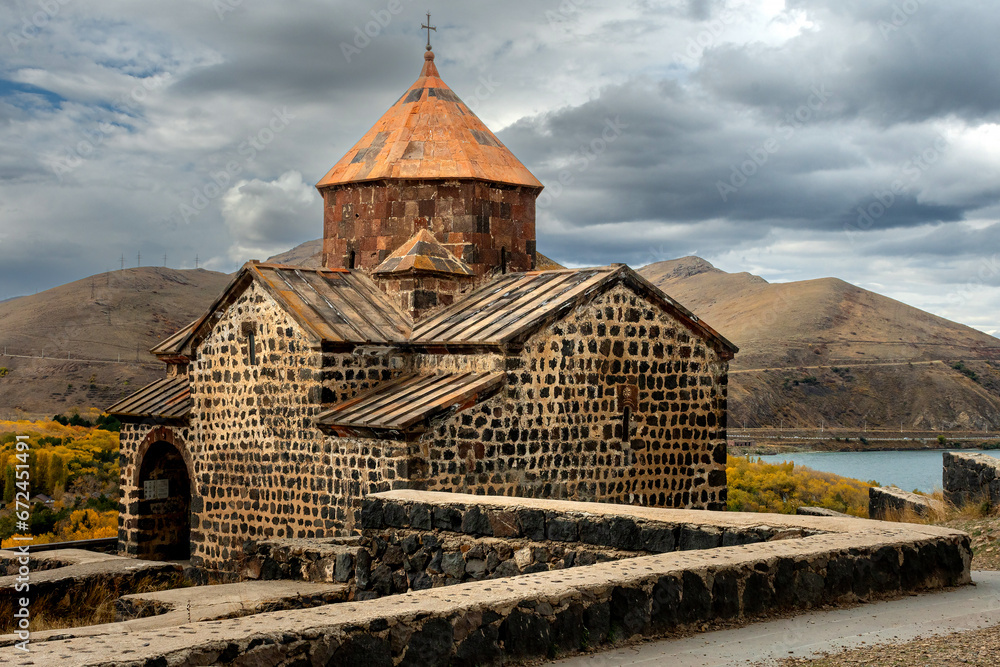 Sevanavank Monastery on Sevan Lake in Armenia on a cloudy day