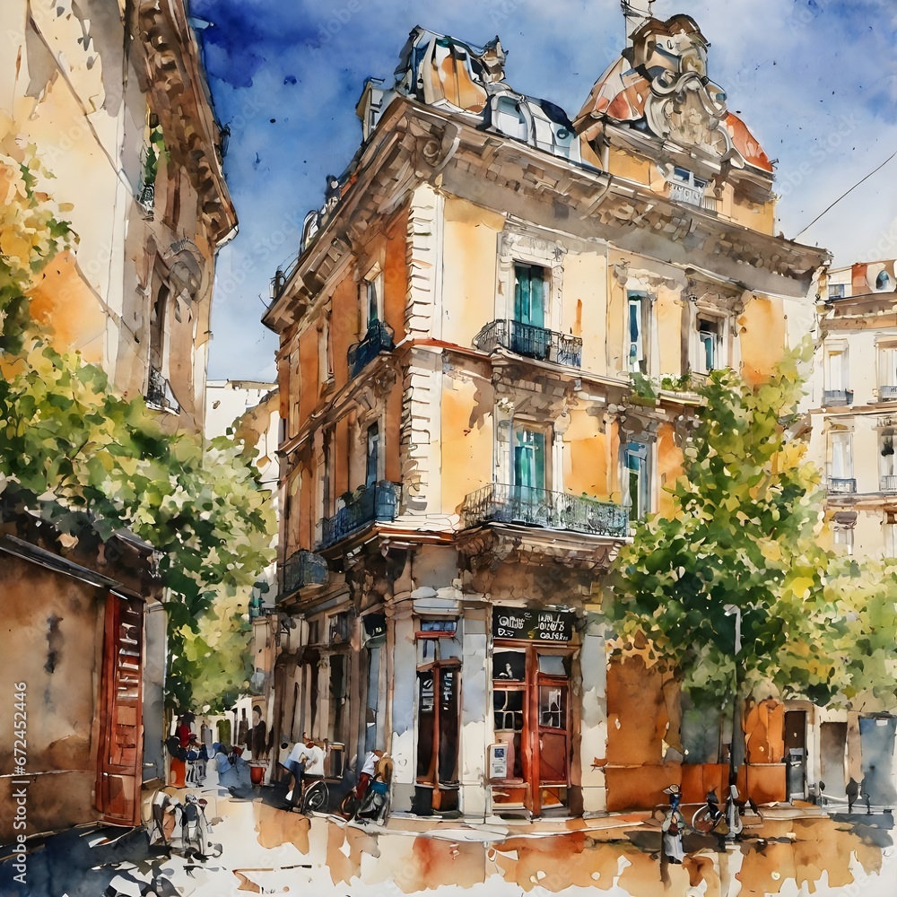Watercolor illustration of people walking down a street in the center of an old Neighborhood