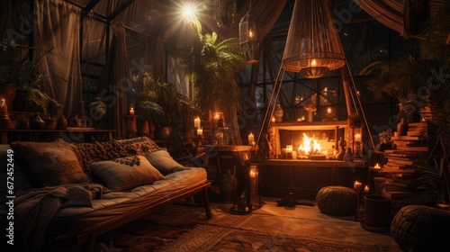 Living room with canddles. Space for witchcraft, magical practices, fortune telling © netrun78