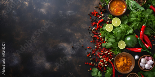 Food Ingredients on Dark Stone Table    Culinary Background with Cooking Ingredients  