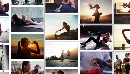 People, fitness and photography montage in sequence for sports motivation, training or health and wellness. Photographs, gallery or collage of athletes in cardio workout, marketing or advertising