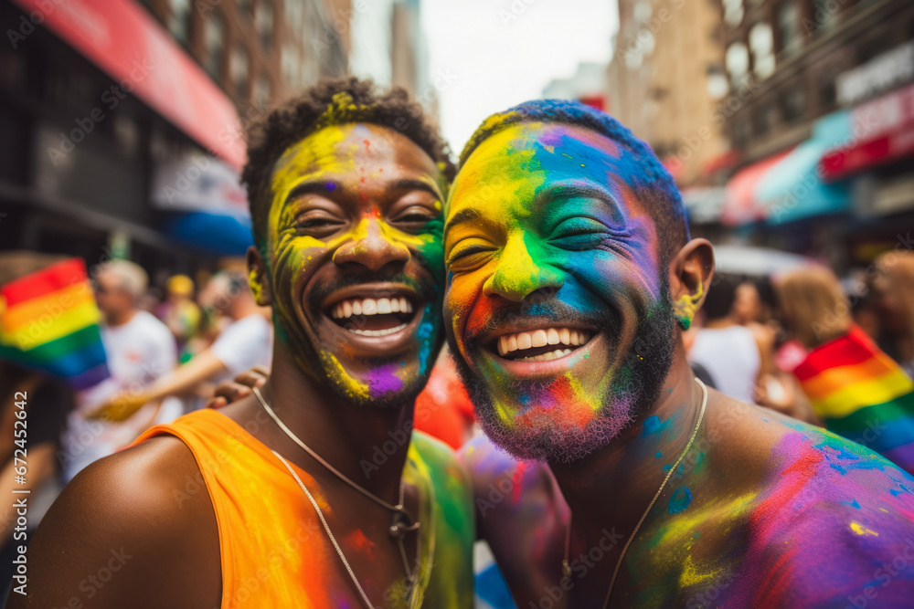 Two gay men are smiling face painted with colored powders in front of a city street crowd. Two gay men are smiling face painted with colored powders in front of a city street crowd.