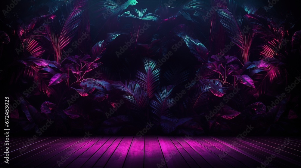 Tropical leaves neon light. Generation AI - obrazy, fototapety, plakaty 