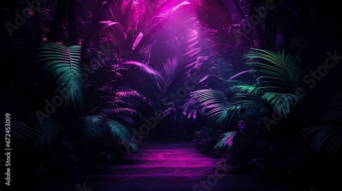 Fototapeta Naklejka Na Ścianę i Meble -  Tropical leaves neon light. Generation AI