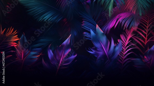 Fototapeta Naklejka Na Ścianę i Meble -  Tropical leaves neon light. Generation AI