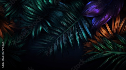 Tropical leaves neon light. Generation AI