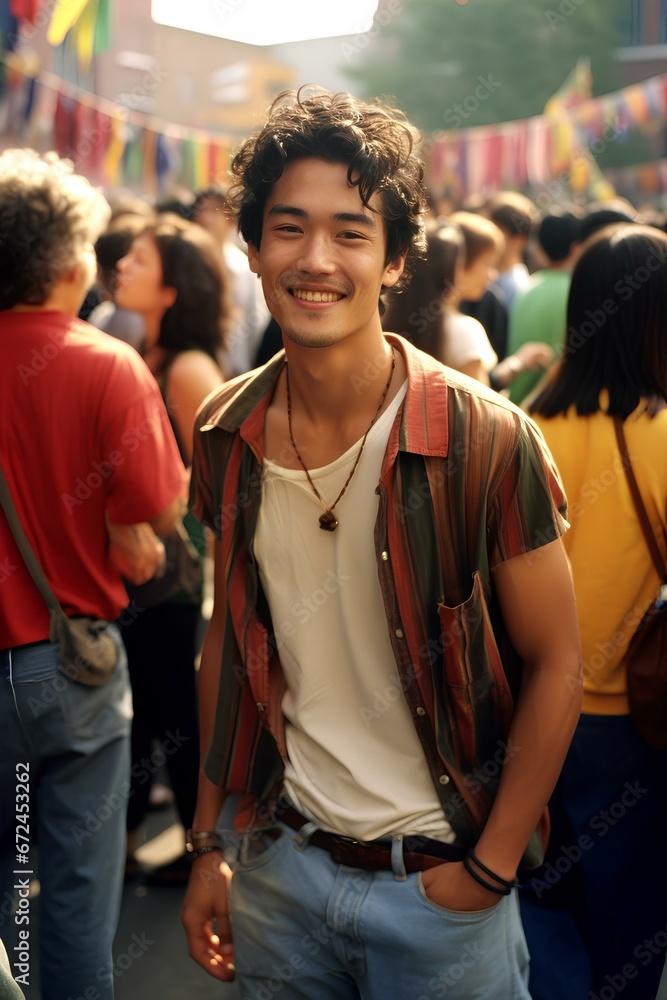 Obraz premium A dynamic community festival. a Asian person , in their late 20s, wearing a vibrant, multicolored shirt and jeans. friendly demeanor, exchanging greetings and small talk. generative AI