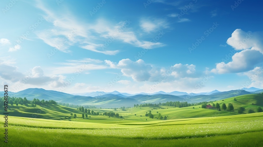 Landscape with green grass and clouds,  photo of rural landscape background with rolling farmland and peaceful meadows