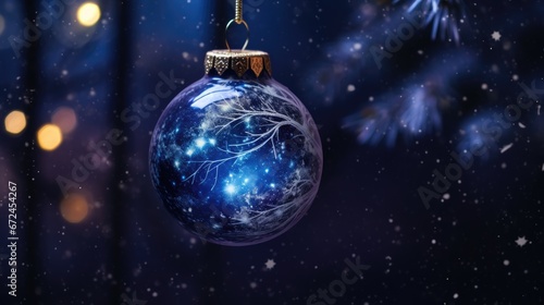 Christmas  tree decorative ornaments ball Hanging Fir Branch bokeh background. Merry Xmas decoration. Happy New Year holiday object.