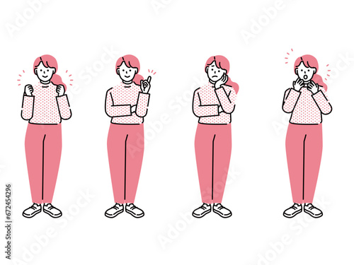全身のイラスト(人、女性、30代、主婦、やる気、考える、理解する、驚く、悩む、将来)