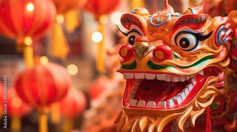 Fototapeta premium Close up of Chinese Dragon Head performing its traditional dragon dance festival. Chinese New Year celebration 2024..