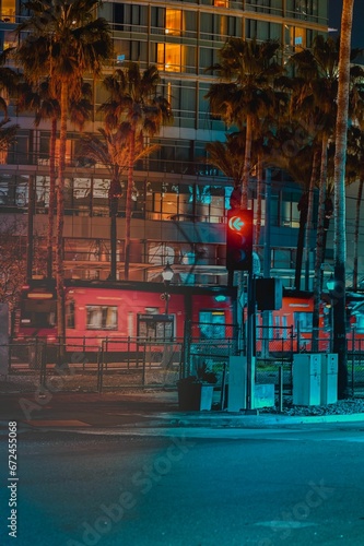 an empty street is lined with palm trees at night and red lights are on Sandiego photo