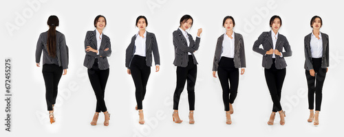 Different pose of same Asian woman full body portrait set on white background wearing formal business suit in studio collection . Jivy photo