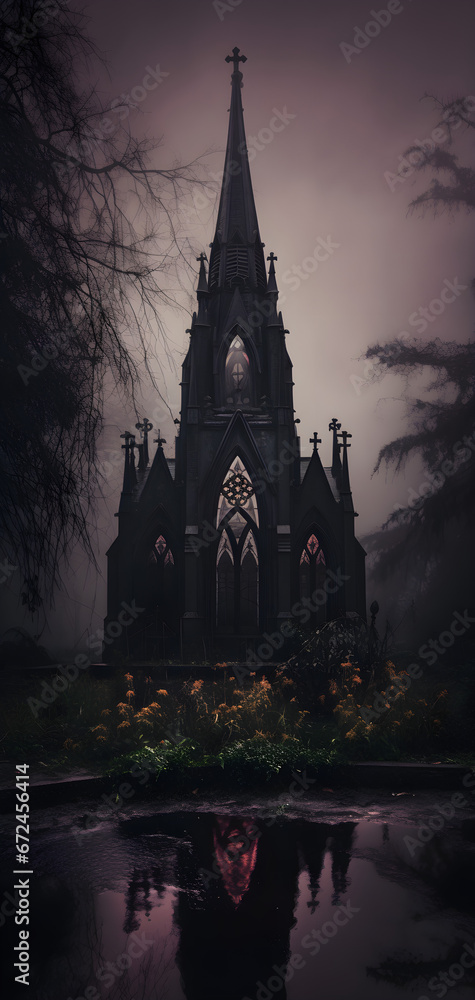 Gothic abandoned dark church exterior. Mystic, horror, surreal, dramatic scene. Halloween realistic disturbing background. Digital 3D illustration wallpaper