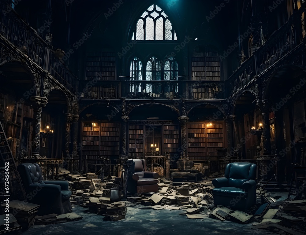 Abandoned library room, evil fantastic dark castle, ghost town, old horror school scene, empty building, books