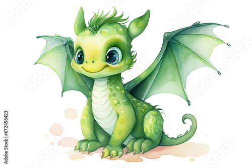 Cute green dragon with wings and tail
