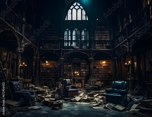 Abandoned library room, evil fantastic dark castle, ghost town, old horror school scene, empty building, books