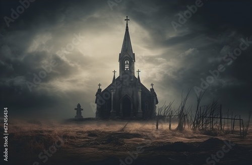 Gothic abandoned dark church exterior. Mystic, horror, surreal, dramatic scene. Halloween realistic disturbing background. Digital 3D illustration wallpaper photo