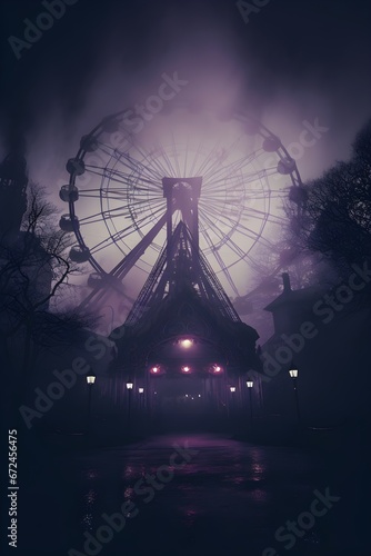 Creepy, Abandoned and Haunted Amusement Park, carousel, dark tragic foggy atmosphere, Fairground, red  purple Circus, Illustration concept Art