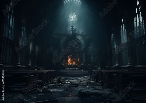 Gothic abandoned dark church interior. Mystic, horror, surreal, dramatic scene. Halloween realistic disturbing background. Digital 3D illustration wallpaper