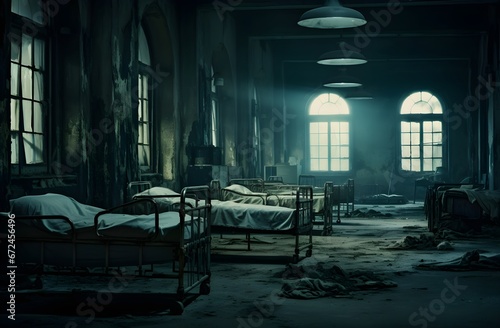 Dim light shining in a ghostly old hospital interior room with operating table. Rubble and debris on floor and walls. Ghost town. Horror movie scene, mysterious