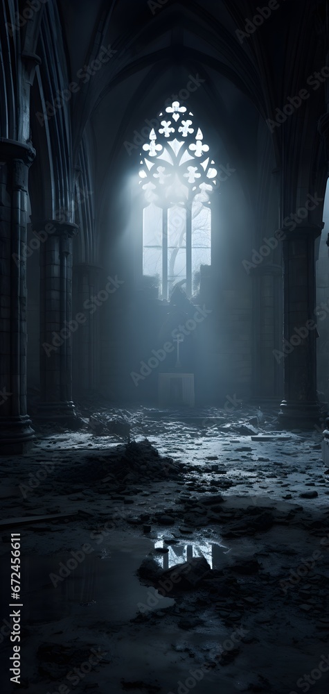 Gothic abandoned dark church interior. Mystic, horror, surreal, dramatic scene. Halloween realistic disturbing background. Digital 3D illustration wallpaper - obrazy, fototapety, plakaty 