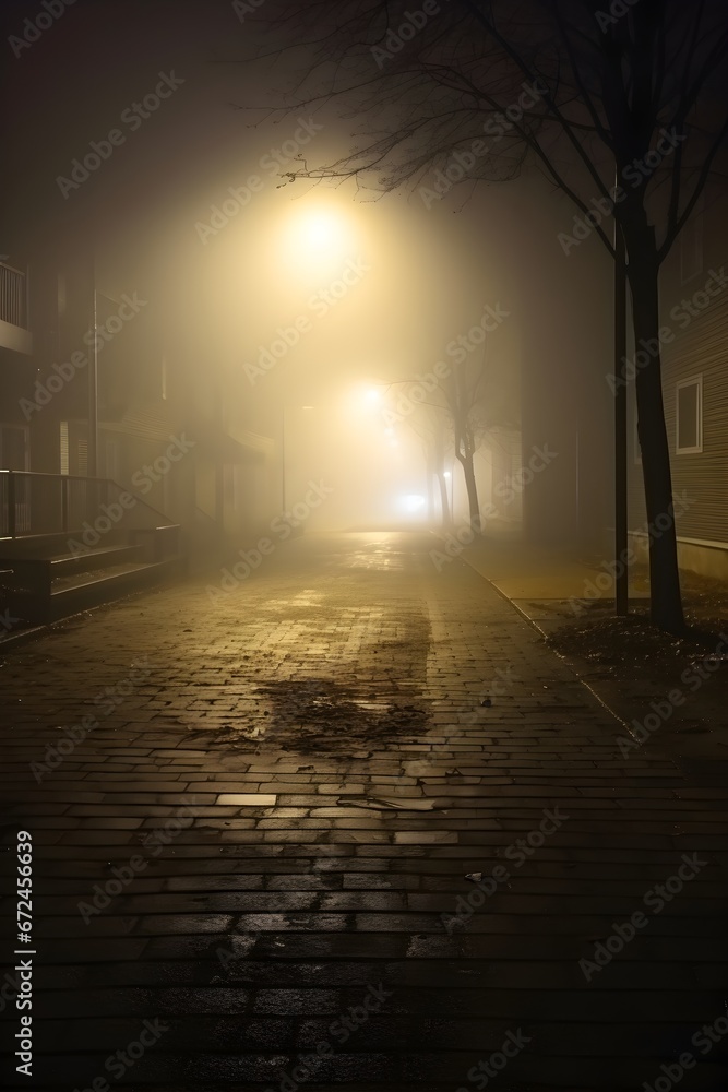Horror night scene of a mysterious foggy street creepy, with background dark scene movie at night, festival Halloween concept, contrast dramatic lighting
