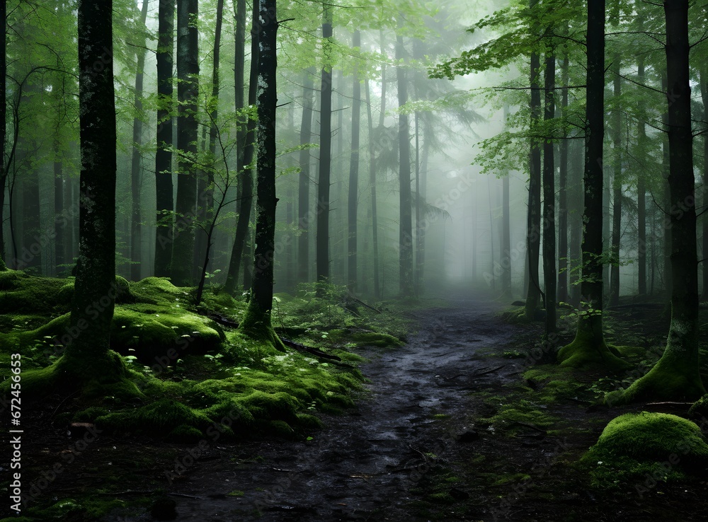 Obraz premium Photo of green foggy forest lonely path. Fairy tale magical spooky looking woods in a misty day. Cold foggy morning in horror scene