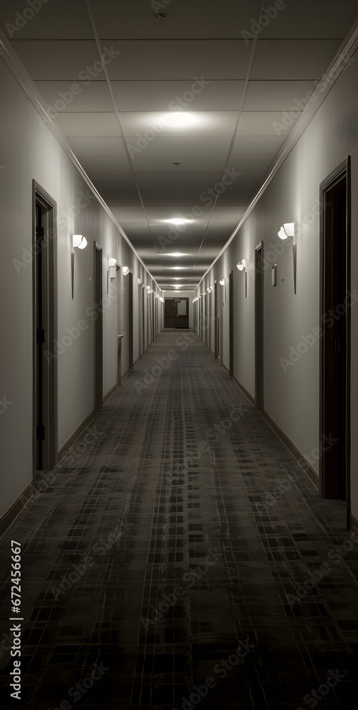 Dark mysterious corridor in old building. Door room perspective in lonely quiet home with walkway heading to the light at the end of the way, black and white style. horror scene fear concept, hostel