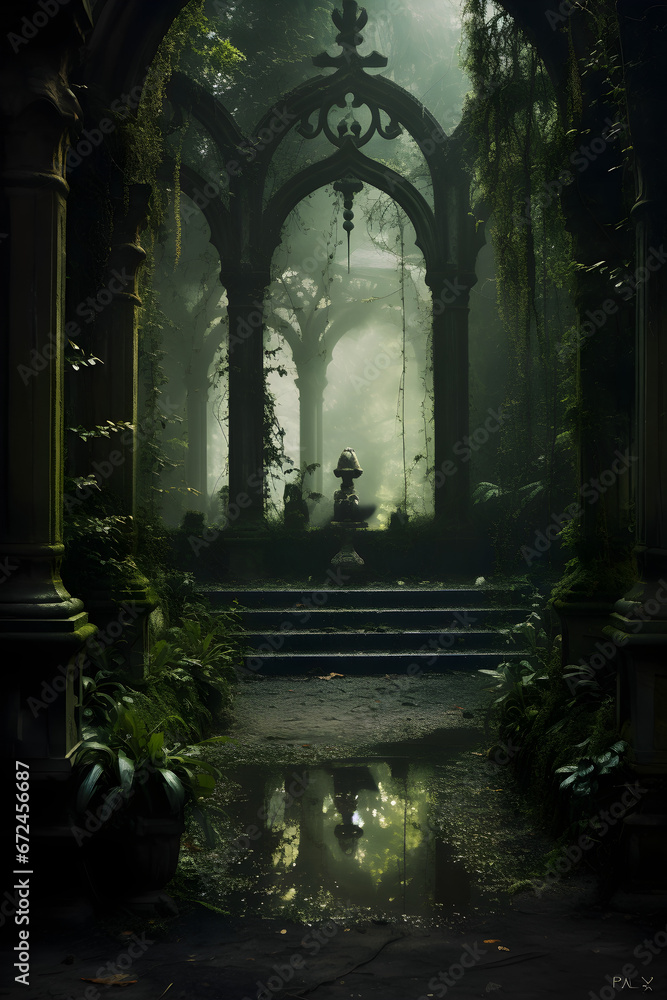 Realistic abandoned mysterious spooky garden, beautiful creepy landscape. Fantasy Halloween labyrinth background. Surreal mysterious atmospheric woods design backdrop. 3D illustration