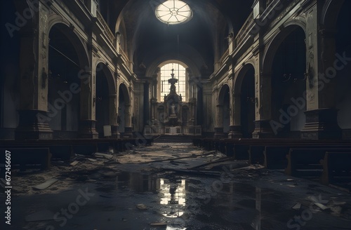 Gothic abandoned dark church interior. Mystic  horror  surreal  dramatic scene. Halloween realistic disturbing background. Digital 3D illustration wallpaper
