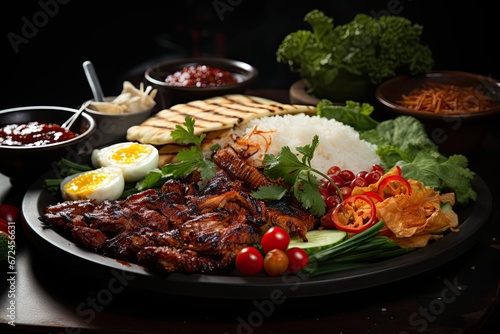Bebek goreng or spicy fried duck with rice. Indonesia cuisine on black background. Asian traditional street food.