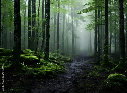 Photo of green foggy forest lonely path. Fairy tale magical spooky looking woods in a misty day. Cold foggy morning in horror scene © Vladislava