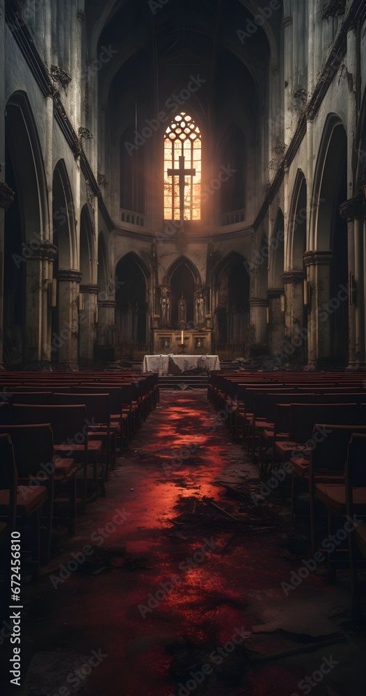 Gothic abandoned dark red bloody church interior. Mystic, horror, surreal, dramatic scene. Halloween realistic disturbing background. Digital 3D illustration wallpaper