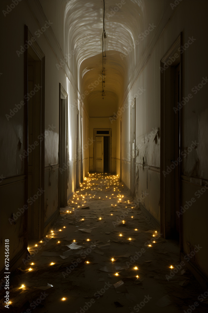 Fototapeta premium Dark mysterious corridor in old building. Door room perspective in lonely quiet home with walkway heading to the light at the end of the way, black and white style. horror scene fear concept, hostel