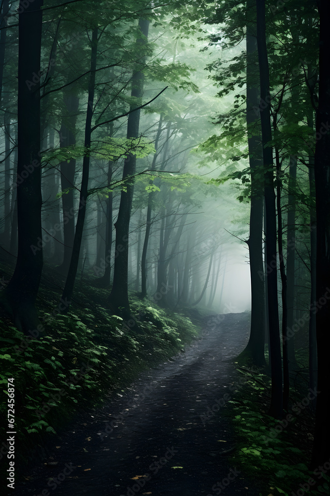 Obraz premium Photo of green foggy forest lonely path. Fairy tale magical spooky looking woods in a misty day. Cold foggy morning in horror scene