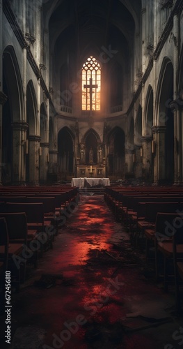 Gothic abandoned dark red bloody church interior. Mystic  horror  surreal  dramatic scene. Halloween realistic disturbing background. Digital 3D illustration wallpaper