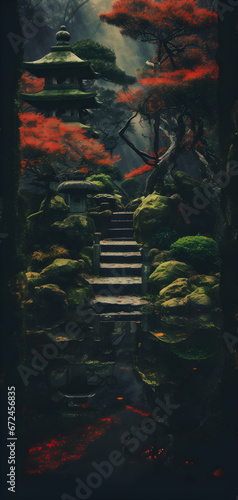 Realistic abandoned mysterious Japanese style garden, beautiful creepy landscape. Fantasy mythologic Asian dark background. Surreal mysterious atmospheric woods design backdrop. 3D illustration