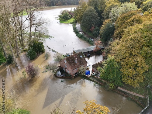 aerial view of extreme flooding at Buttercrambe Village close to Stamford Bridge from the River Derwent Breaching its banks 