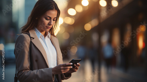 Beautiful young woman in a business dress looking on her phone