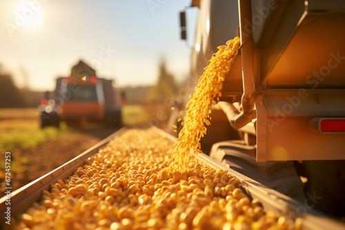 Harvester pouring freshly harvested soybeans or corn maize seeds into container trailer and afternoon sunshine photo