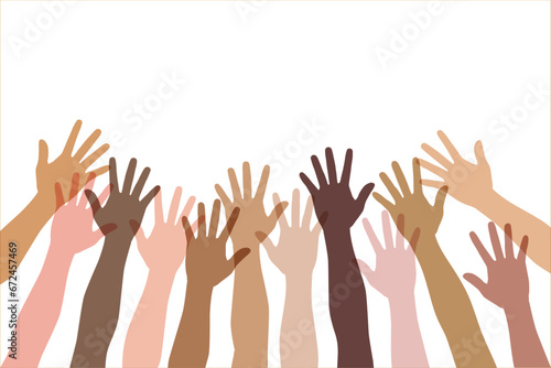 Colored volunteer crowd hands isolated on white background. Raised hand silhouettes, people colorful voting  illustration. Teamwork, collaboration, voting, volunteering concert.